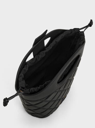菱格紋手提水桶包, 黑色, hi-res