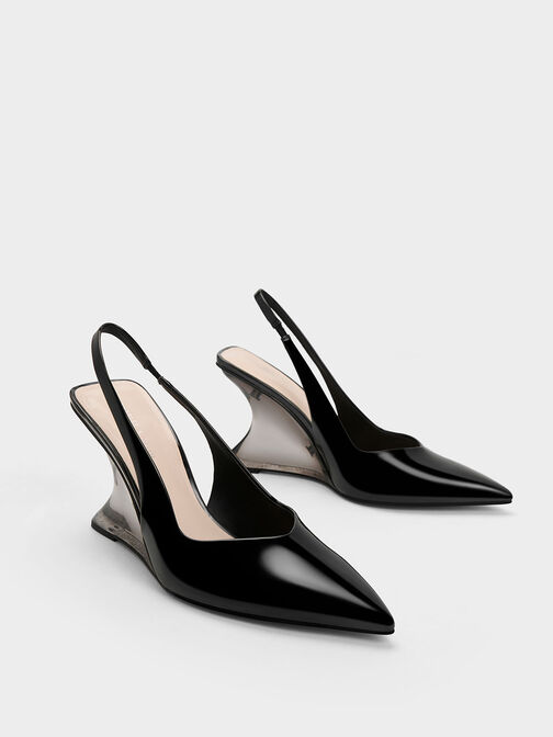 Patent Sculptural Slingback Wedges, Black Patent, hi-res