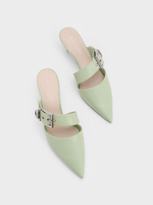 Asymmetric Buckle Heeled Mules, Sage Green, hi-res