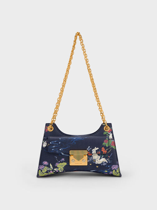 Rabbit Illustrated Chain Handle Bag, Navy, hi-res