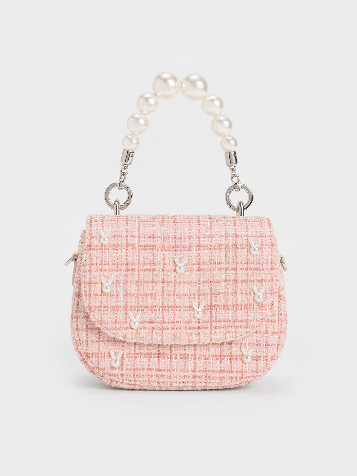 Bunny Tweed Beaded Handle Bag, Pink, hi-res