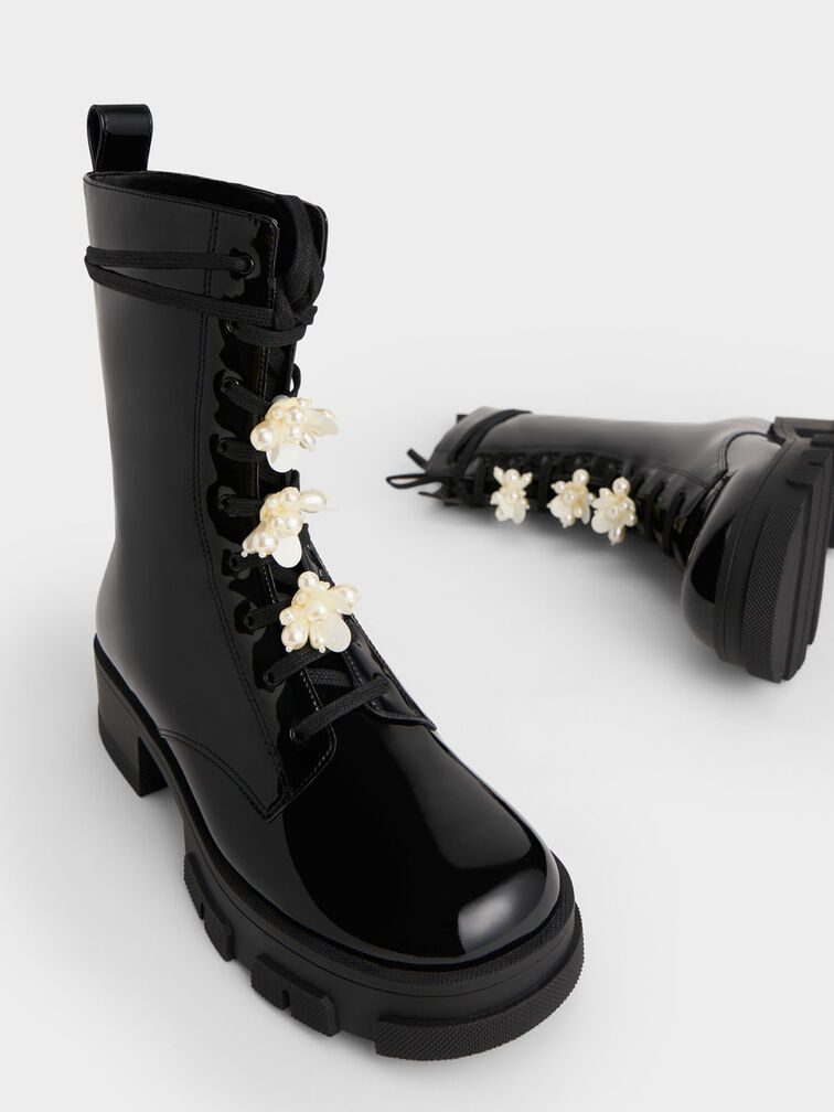 Hayden 珍珠小花漆皮綁帶靴, 黑色, hi-res