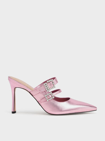 Leather Gem-Embellished Stiletto Mules, Pink, hi-res