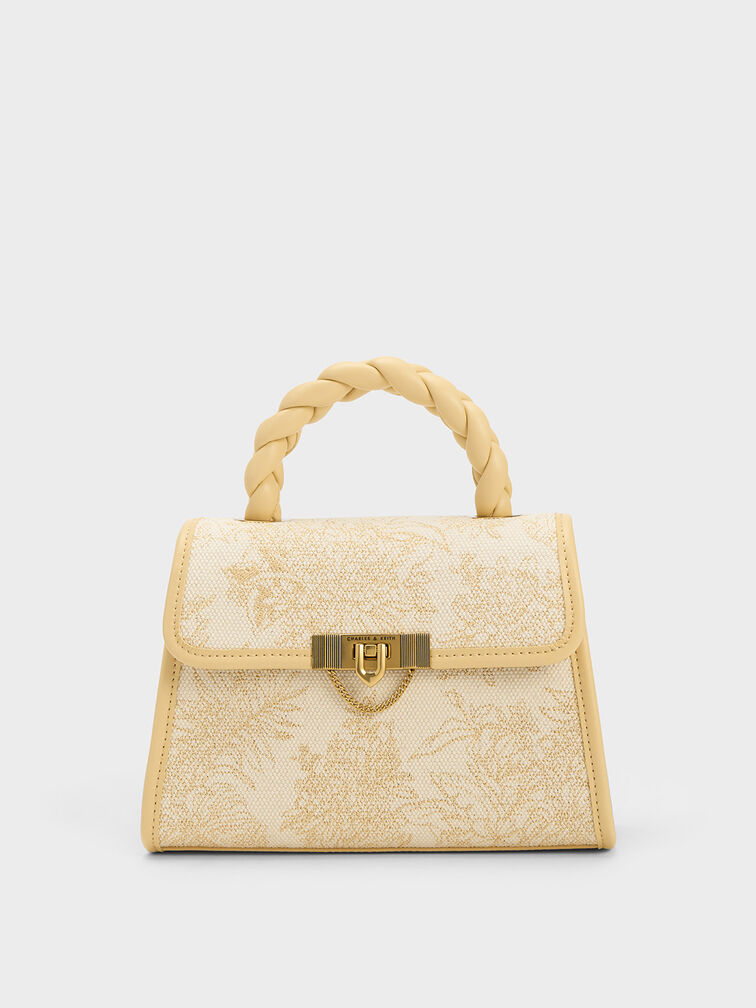 Floral Illustrated Trapeze Bag, Beige, hi-res