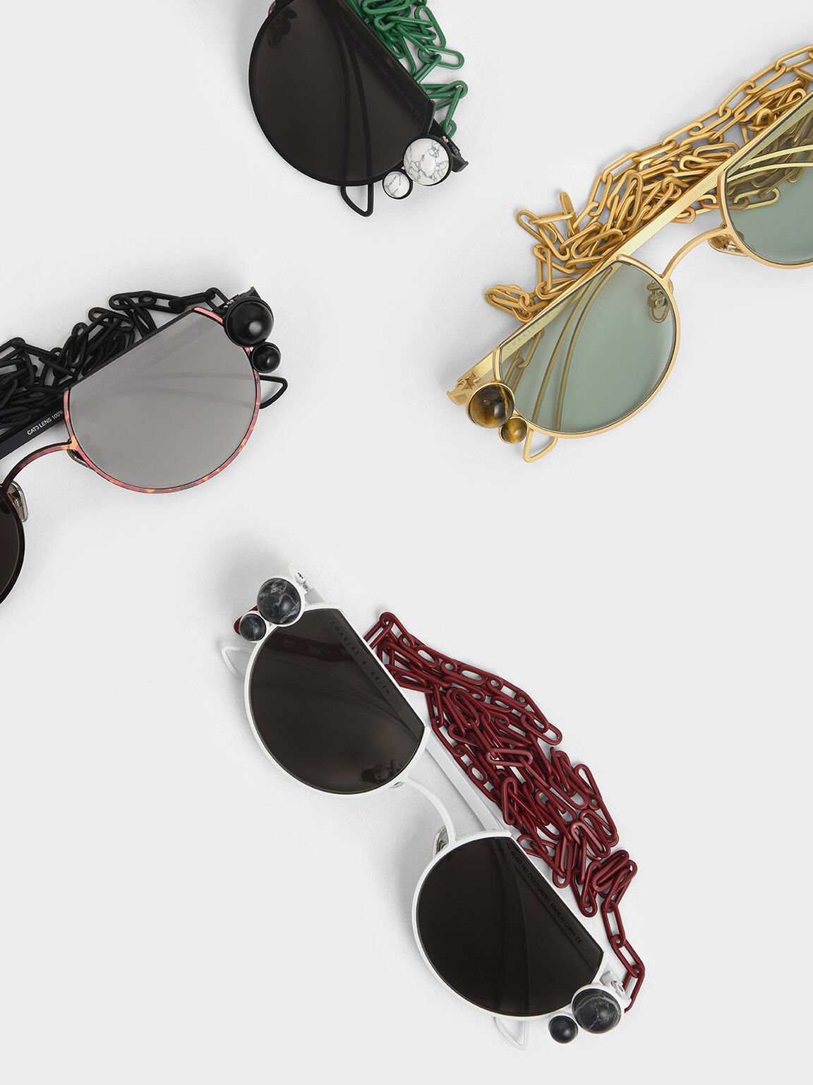 Onyx Stone Chain Link Round Cut-Off Sunglasses, White, hi-res