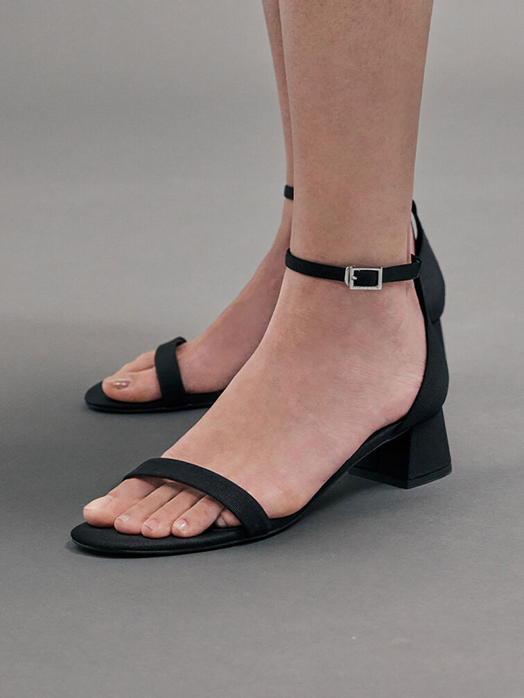 Grosgrain Block-Heel Ankle-Strap Sandals, Black Textured, hi-res