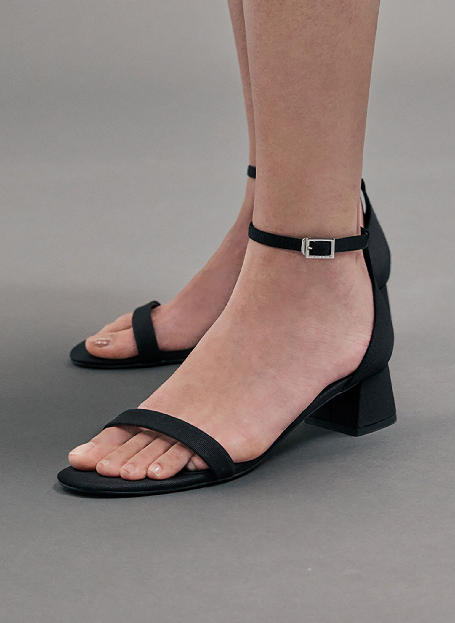 Grosgrain Block-Heel Ankle-Strap Sandals, Black Textured, hi-res
