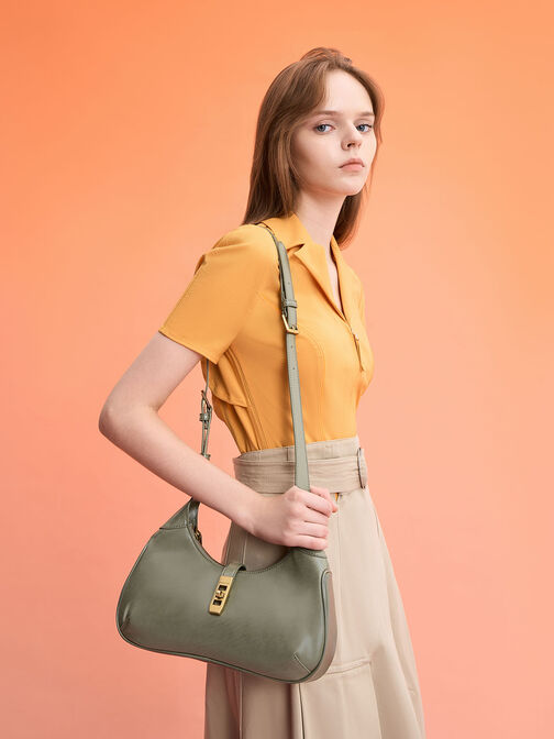 Metallic Accent Hobo Bag, Sage Green, hi-res