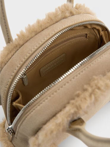 Bolso bowling Nelly de ante reciclado y borrego sintético, Nutmeg Beige, hi-res