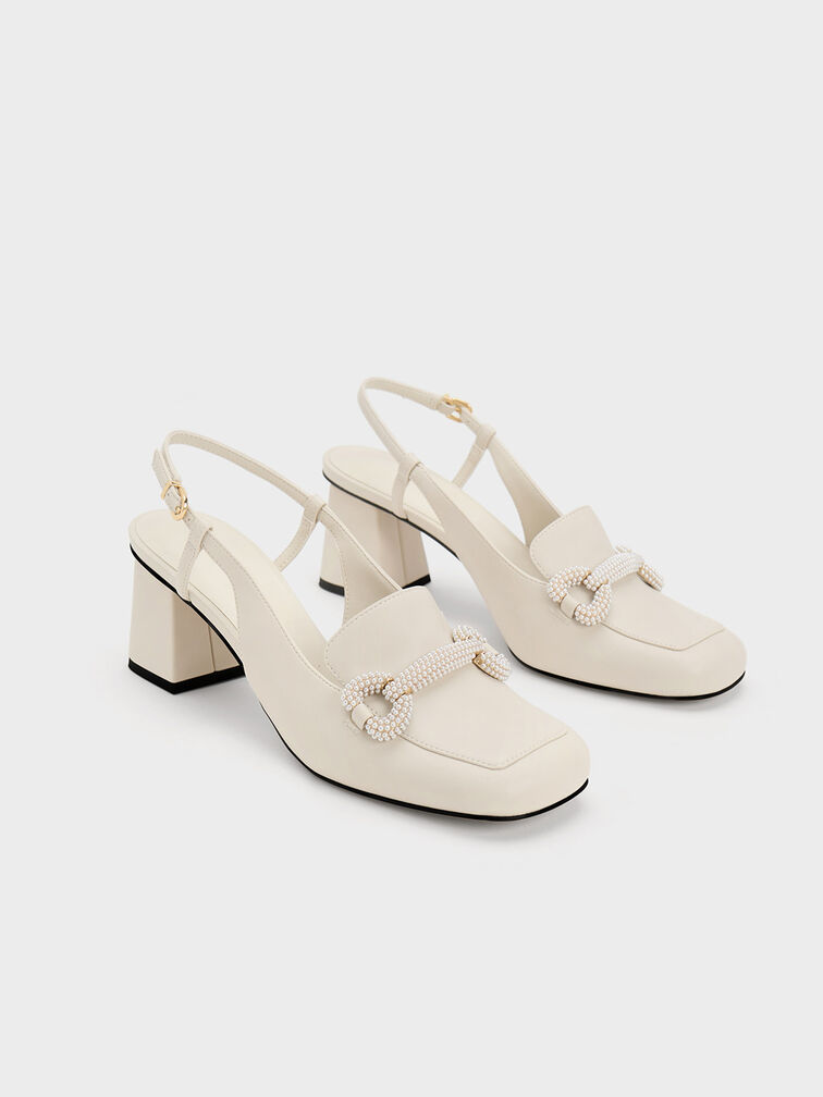 Beaded Slingback Loafer Pumps, Chalk, hi-res