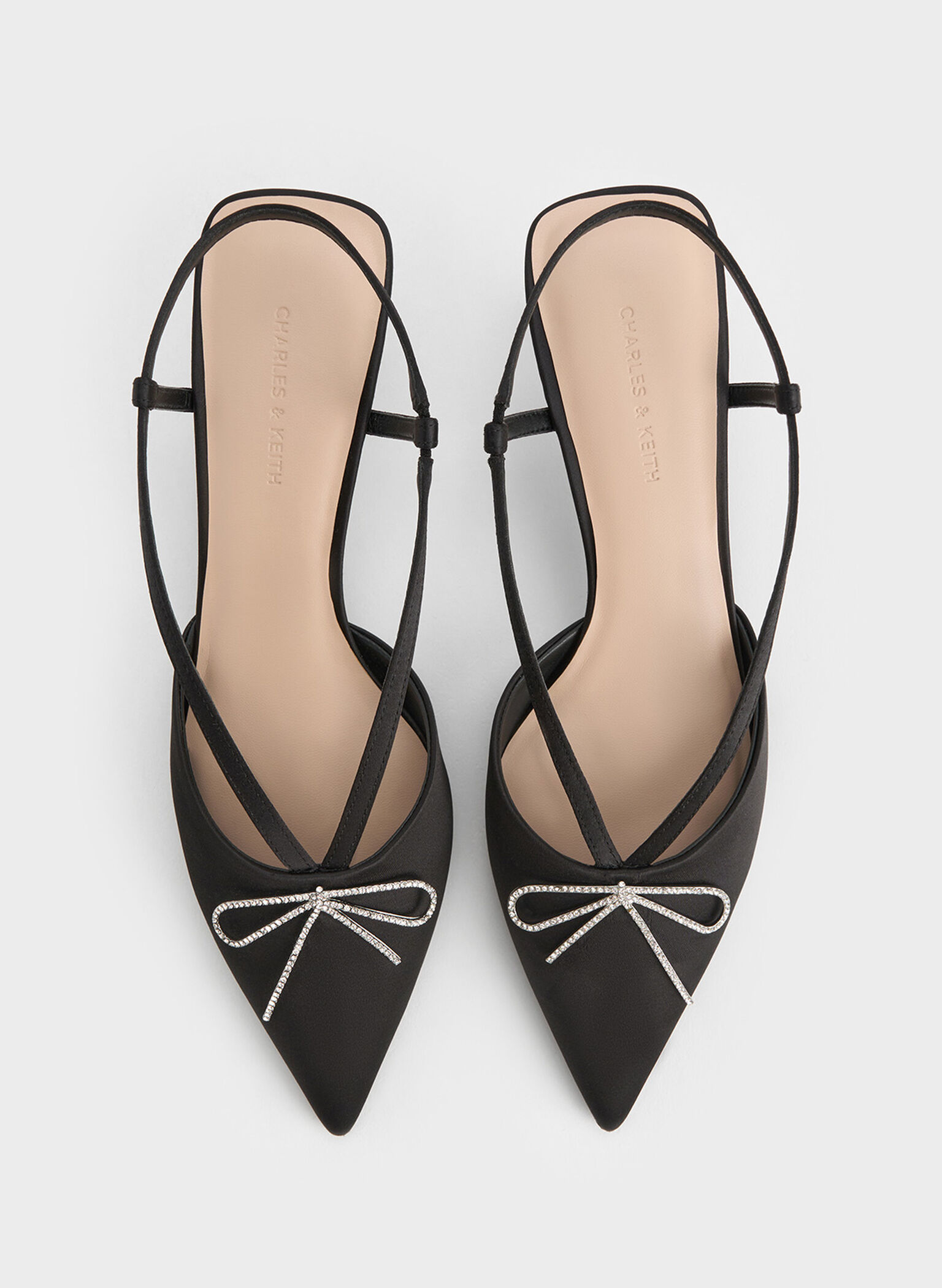 Recycled Polyester Crystal-Bow Kitten-Heel Slingback Pumps, Black Textured, hi-res