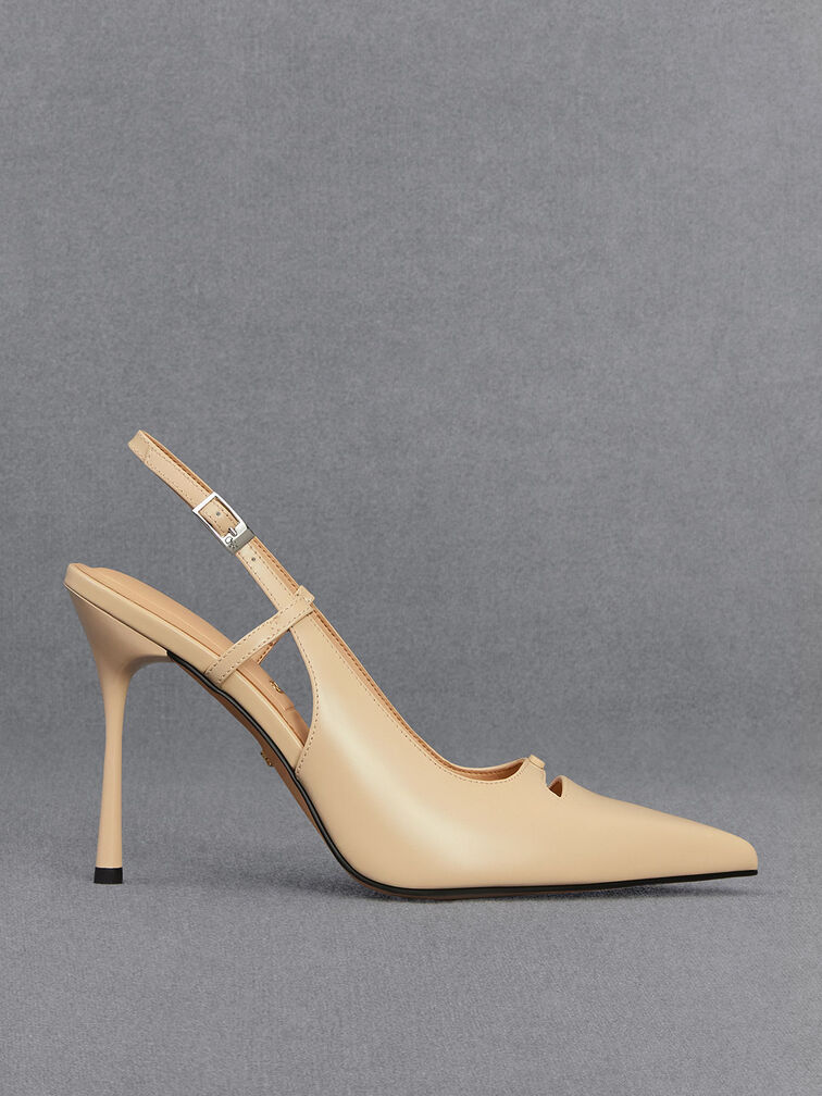 Leather Pointed-Toe Slingback Pumps, Beige, hi-res