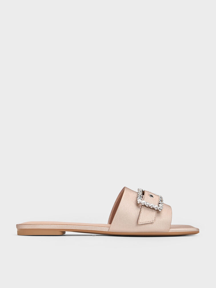 Gem-Buckle Square-Toe Slide Sandals, Nude, hi-res