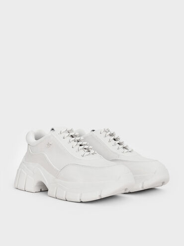 Zapatillas deportivas gruesas Yunna de cuero y tejido reciclado, Blanco, hi-res