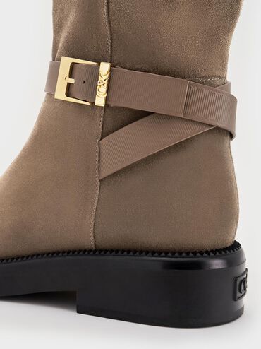 Botas altas de gamuza y cuero con tira con hebilla, Gris pardo, hi-res