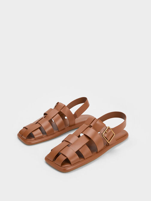 Metallic Buckle Caged Slingback Sandals, Cognac, hi-res