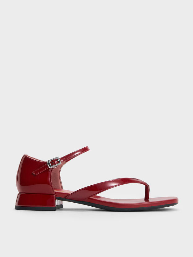 Patent Ankle-Strap Thong Sandals, Red, hi-res