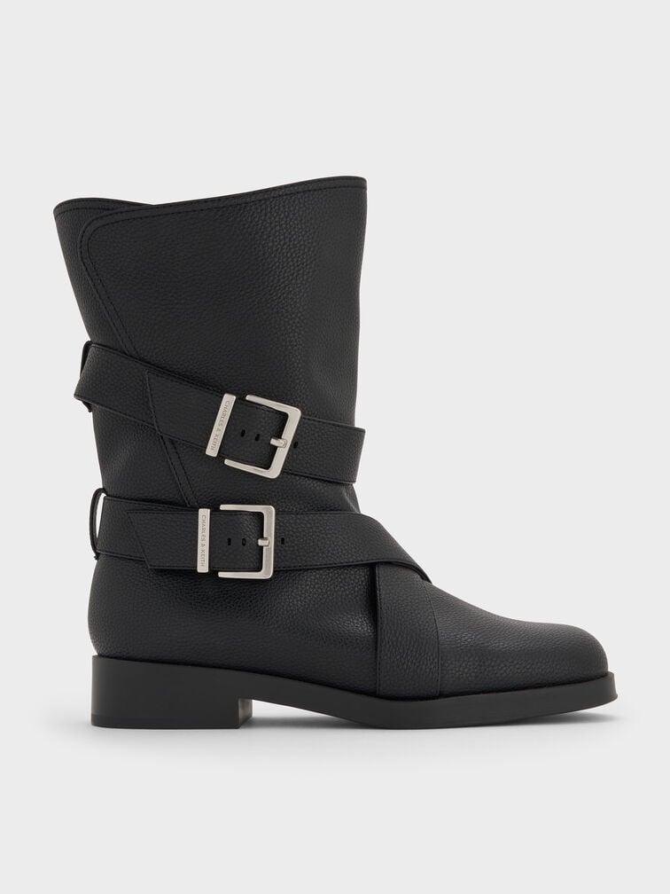 Brett Buckle-Strap Calf Boots, Black, hi-res