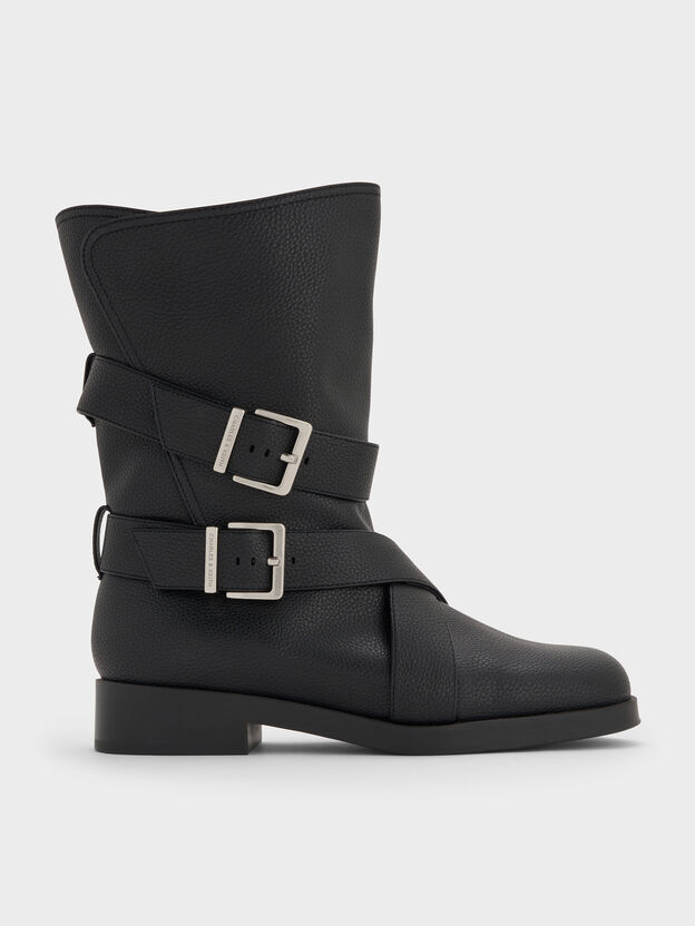 Botas de ca&ntilde;a media a la pantorrilla Brett con tiras con hebilla, Negro, hi-res