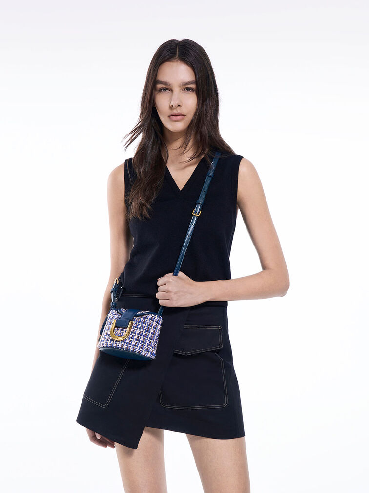 Gabine Tweed Bucket Bag, Navy, hi-res