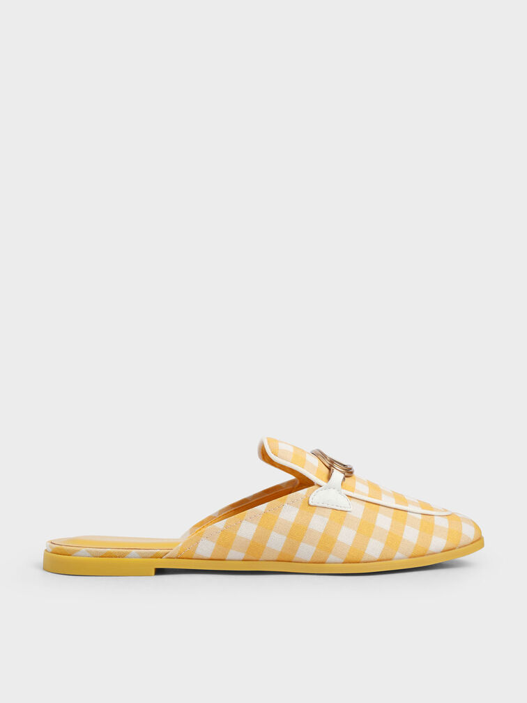 Metallic Accent Linen Gingham-Print Loafer Mules, Yellow, hi-res