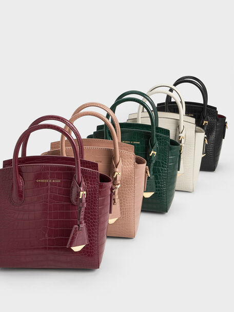 Croc-Effect Trapeze Tote Bag, Black, hi-res