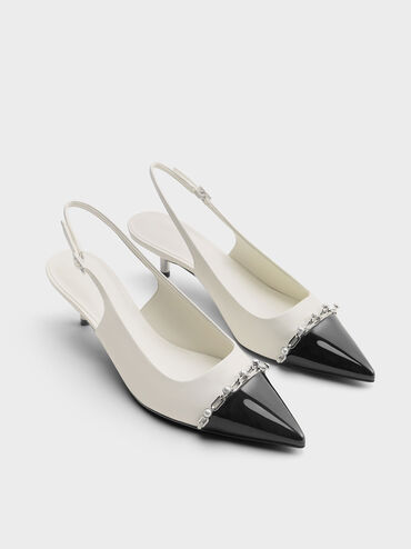 Patent Pearl Chain-Link Slingback Pumps, White, hi-res