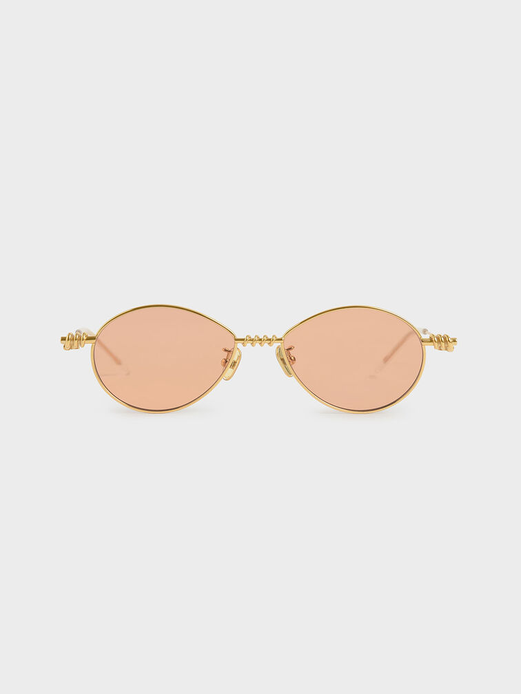 Twine Detail Oval Sunglasses, Orange, hi-res