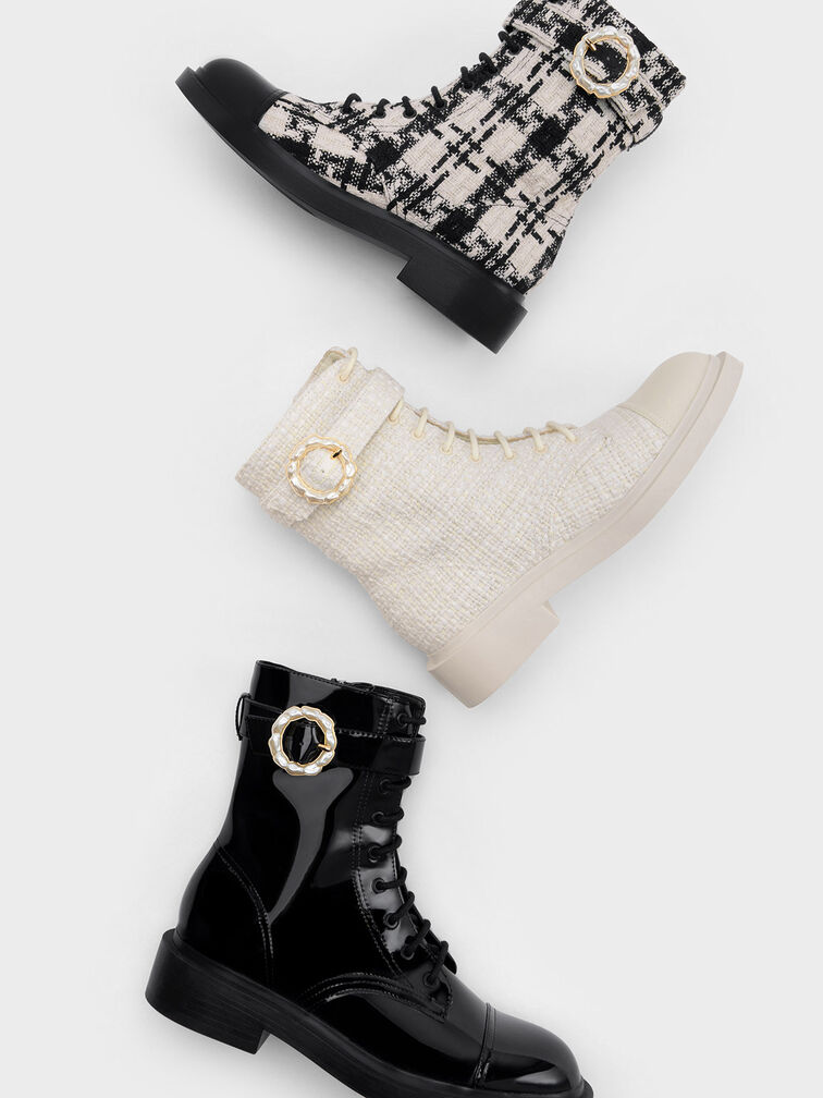 Tweed Pearl Buckle Lace-Up Ankle Boots, Chalk, hi-res