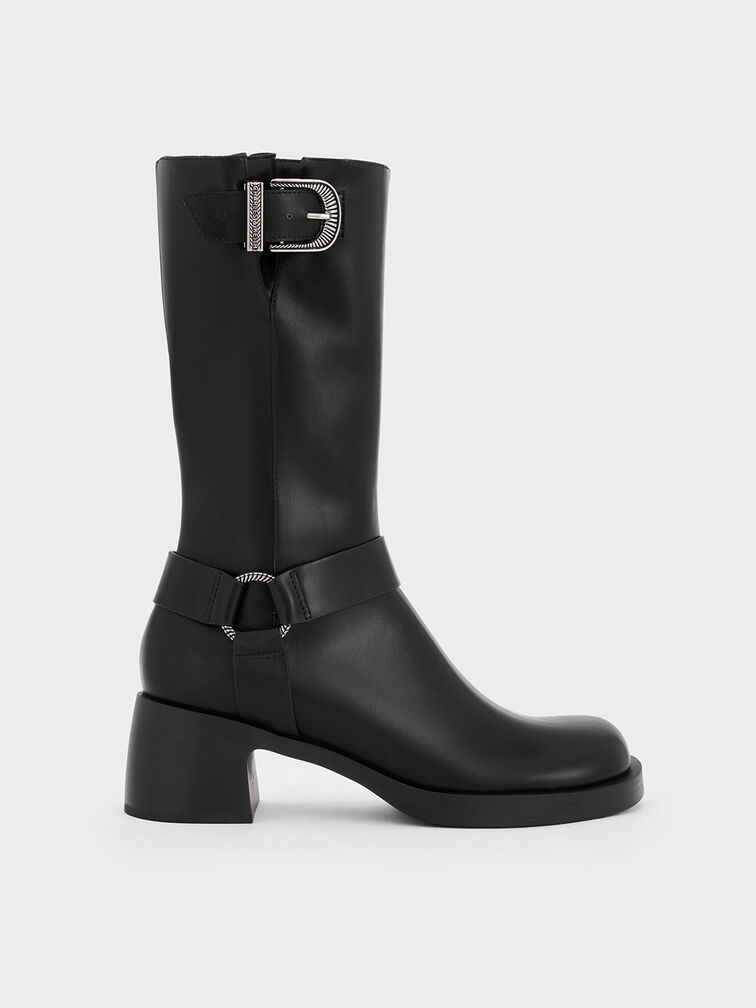 Kirke Buckled Mid-Calf Biker Boots, Black, hi-res