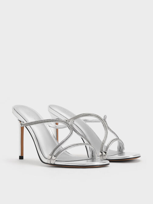 Metallic Braided Strappy Heeled Mules, Silver, hi-res