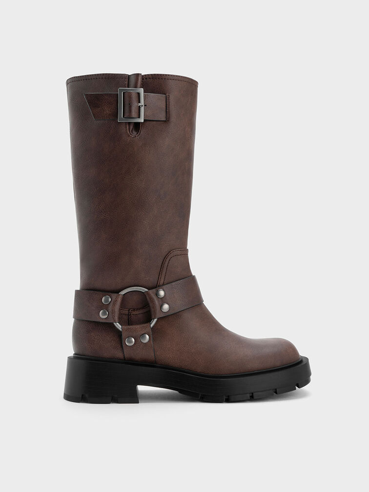 Botas sobre la rodilla con hebilla metálica, Marrón oscuro, hi-res
