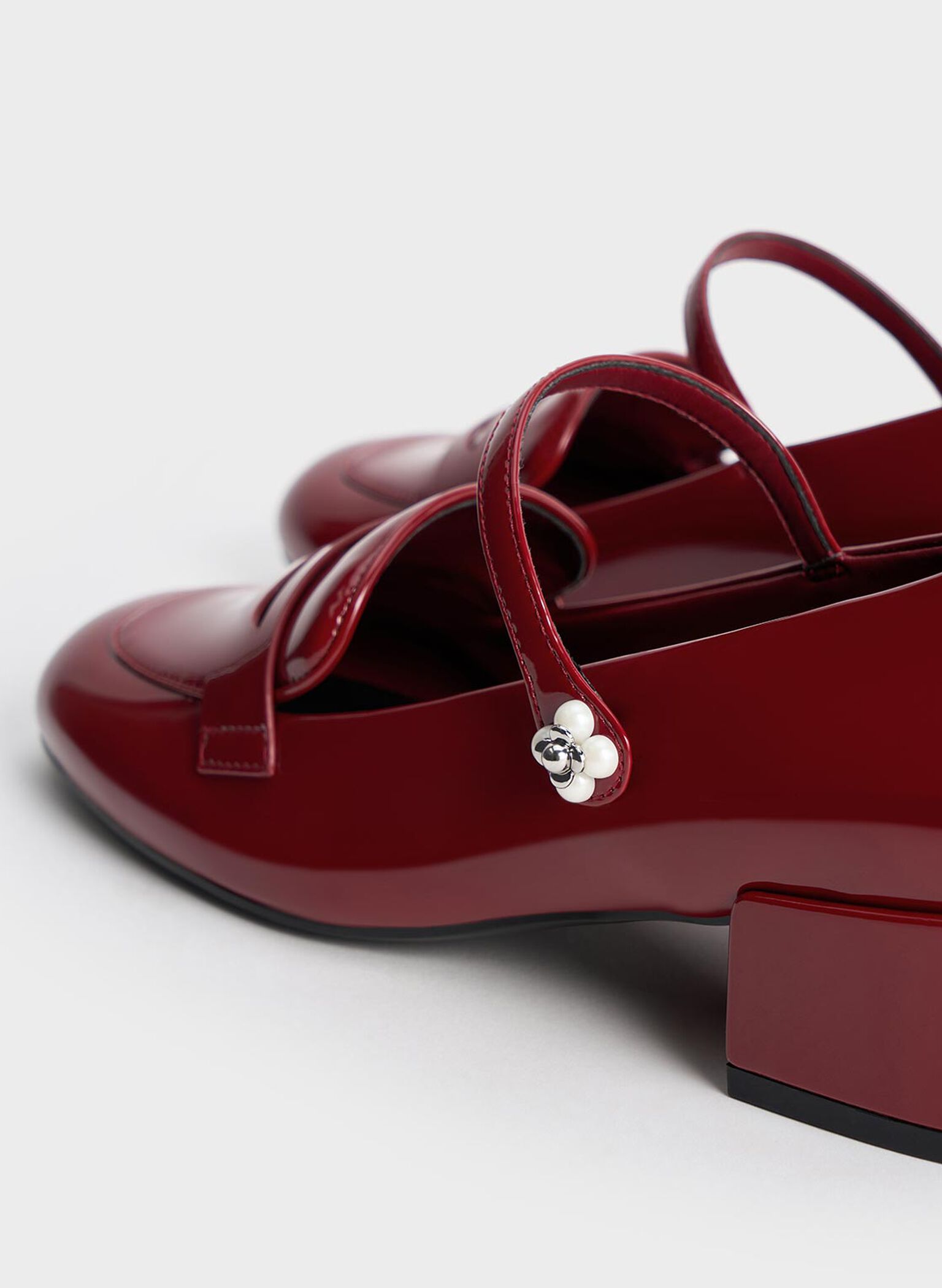 Patent Pearl-Embellished Flower-Buckle Mary Jane Loafers, Maroon, hi-res