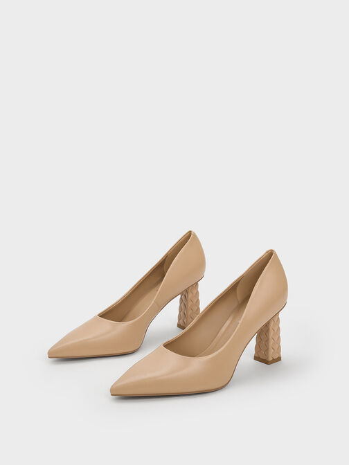 Quilted Heel Pointed-Toe Pumps, Nude, hi-res
