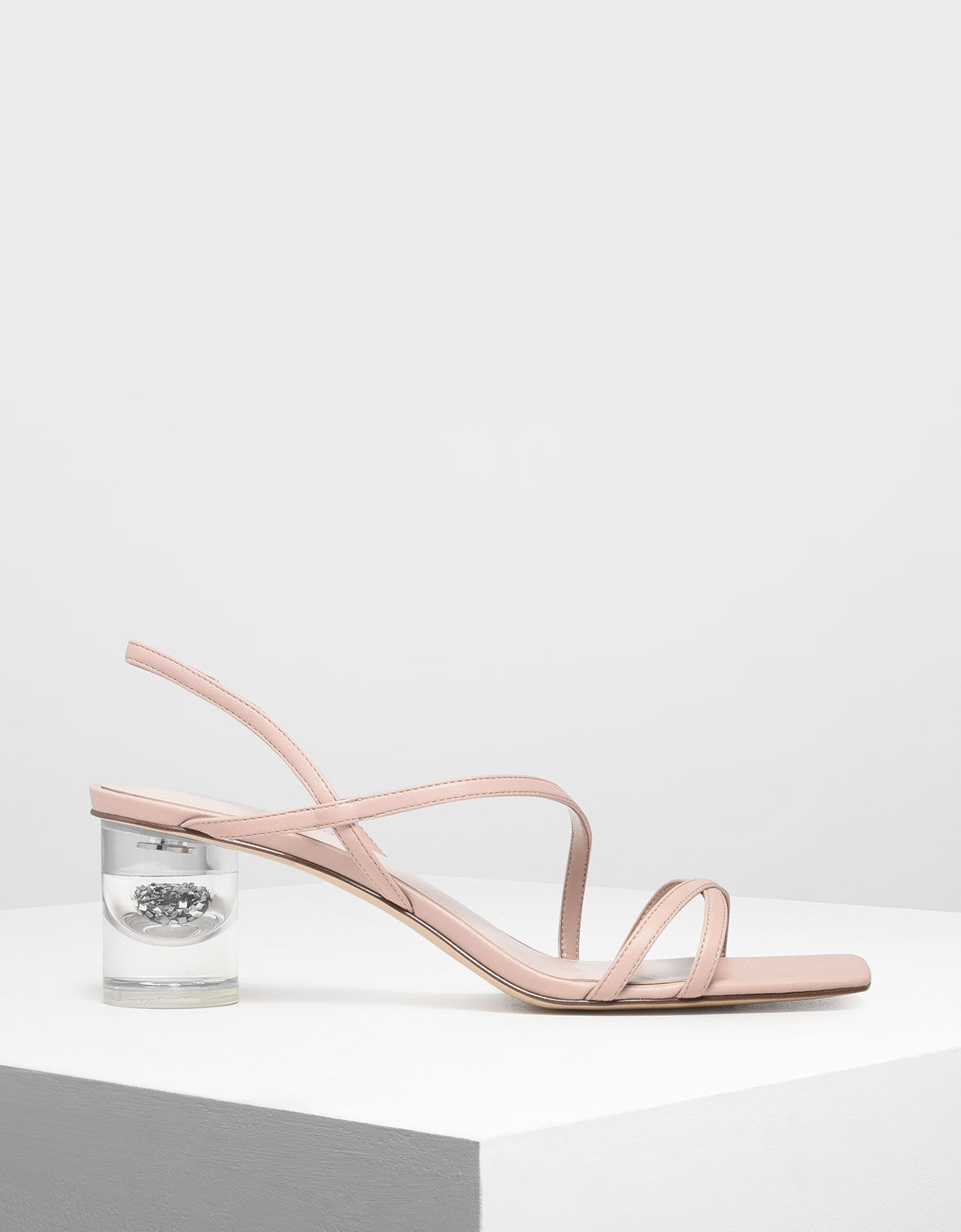 Nude Asymmetric Strap Lucite Heel 