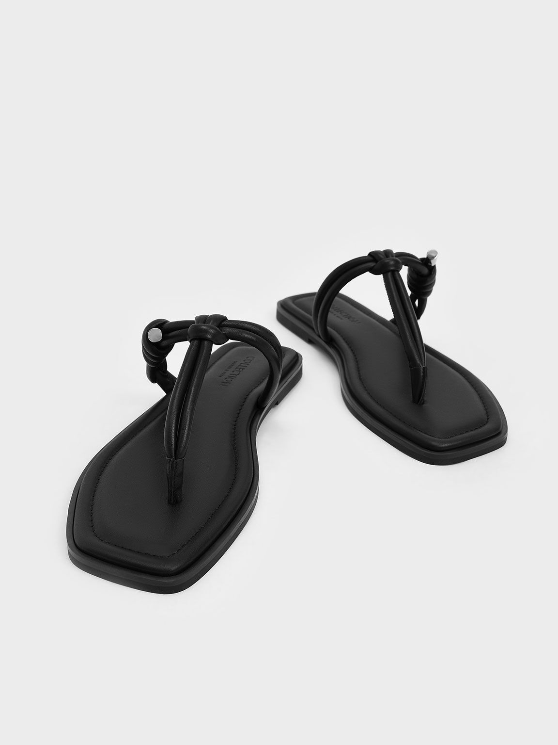 Leather Knotted Tubular Strap Thong Sandals, Black, hi-res