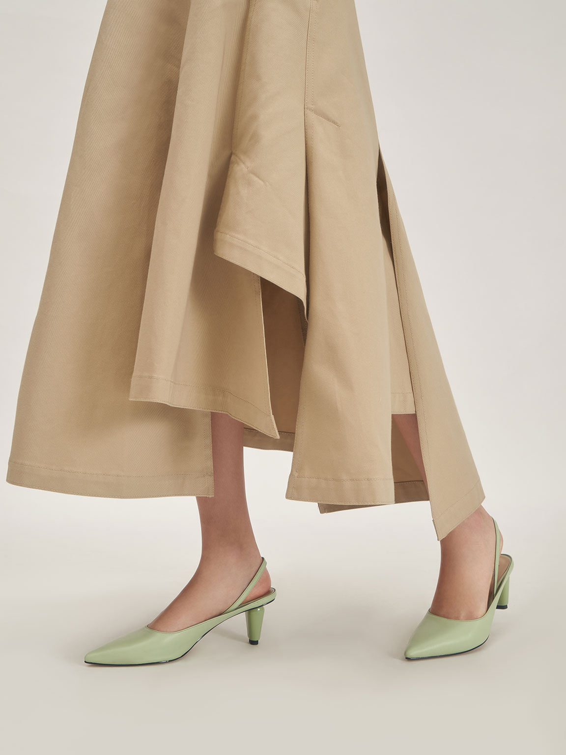 Leather Sculptural Heel Slingback Pumps, Green, hi-res
