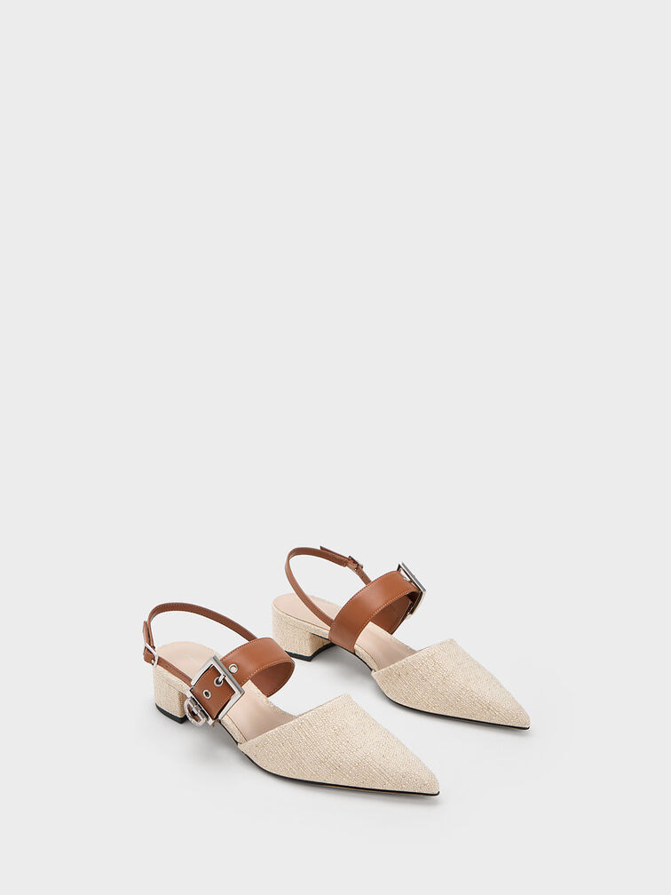 Buckled Strap Linen Slingback Pumps, Beige, hi-res