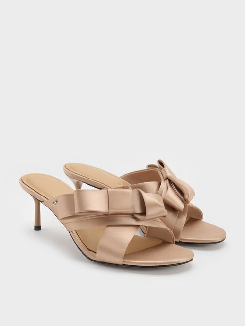 Pleated-Bow Heeled Mules, Nude, hi-res