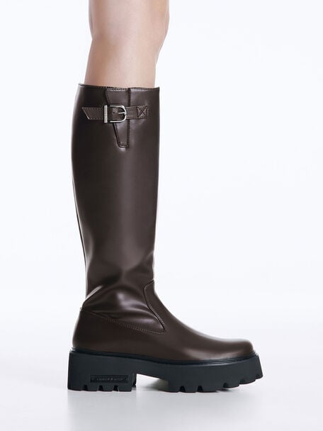 Imogen Side-Buckle Chunky Knee-High Boots, Dark Brown, hi-res