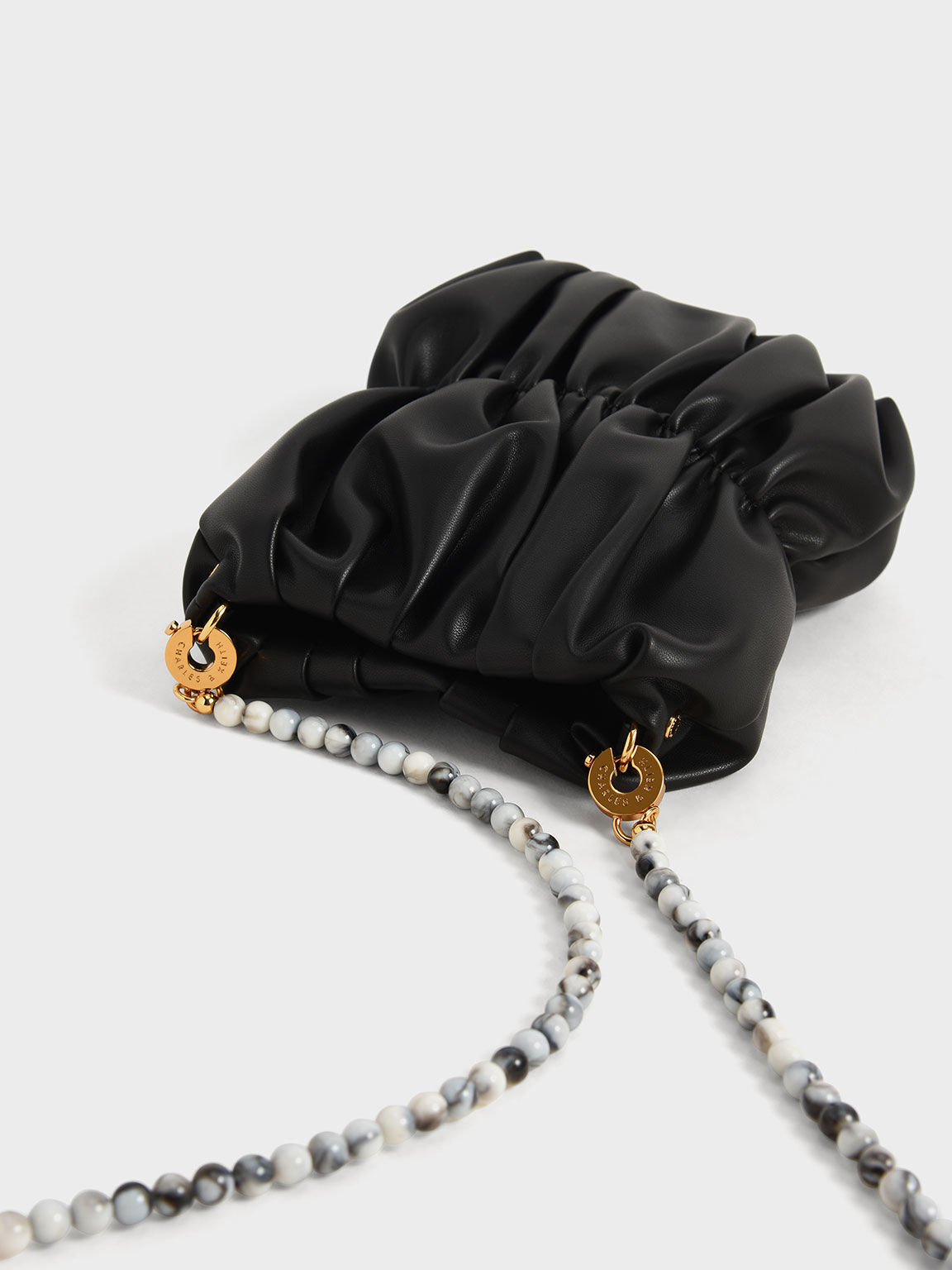 Ruched Bead-Handle Crossbody Bag, Black, hi-res