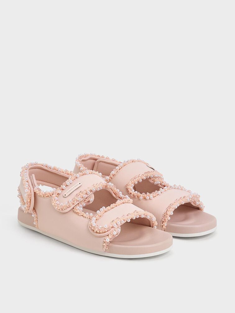 Girls' Elastane Pearl-Embellished Flatform Sandals, Light Pink, hi-res