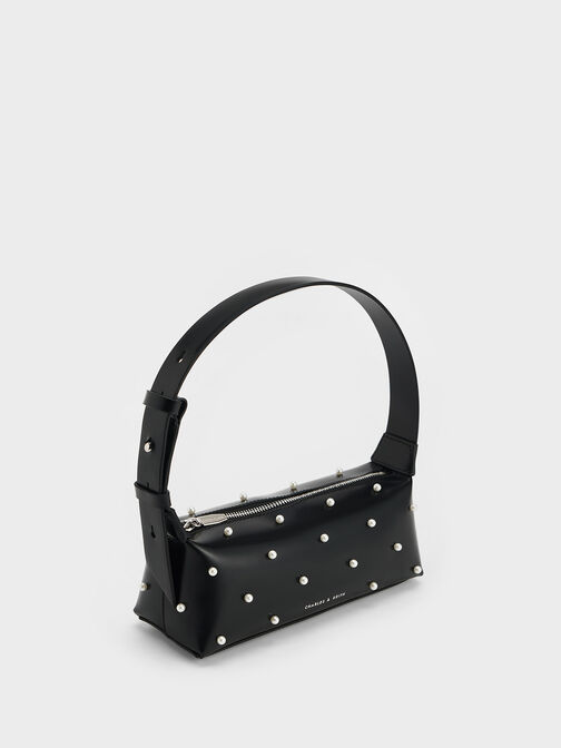 Pearl-Embellished Leather Top Handle Bag, Black, hi-res