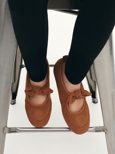 Girls' Corduroy & Faux Suede Mary Jane Flats, Brown, hi-res
