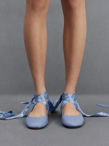 緞帶真皮芭蕾舞鞋, 淺藍色, hi-res