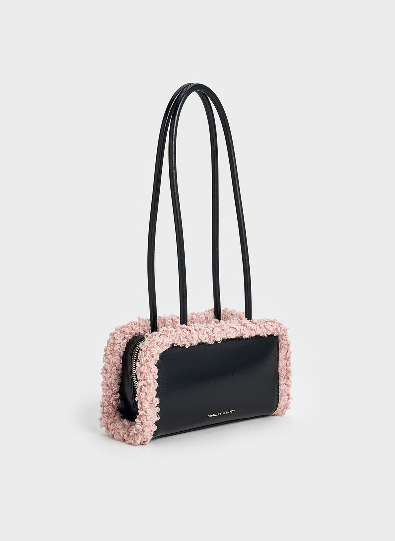 Fur-Trim Elongated-Handle Shoulder Bag, Pink, hi-res