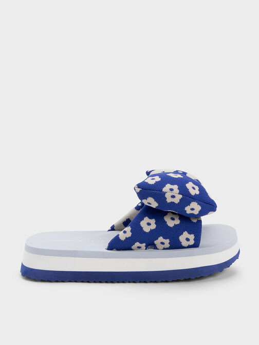 Floral Puffy Bow Slides, Blue, hi-res