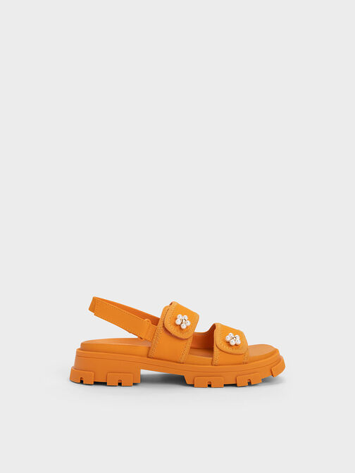 Girls' Beaded Flower Sports Sandals, Orange, hi-res