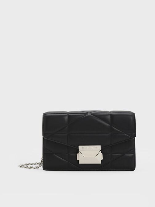 Blanche Chevron Chain-Strap Clutch, Noir, hi-res