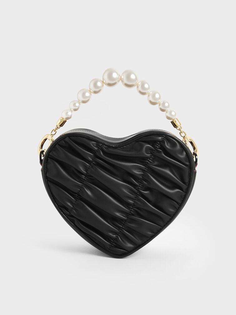 Bead Handle Heart Evening Bag, Black, hi-res
